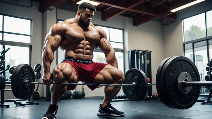 A standing bodybuilder showing his huge quads after making a heavy squat in a gym ambient