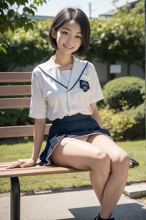 Pure Japanese school girl, sexual attractive, outstanding body, beautiful legs, shiny white skin, wearing loose uniform, panty, natural black short hairstyles, sweet smile, sitting on bench, refreshing in early summer morning, composition from the front, 