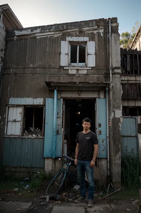 Doruk stops in front of an old, abandoned building. A faint light inside symbolizes memories of the past.