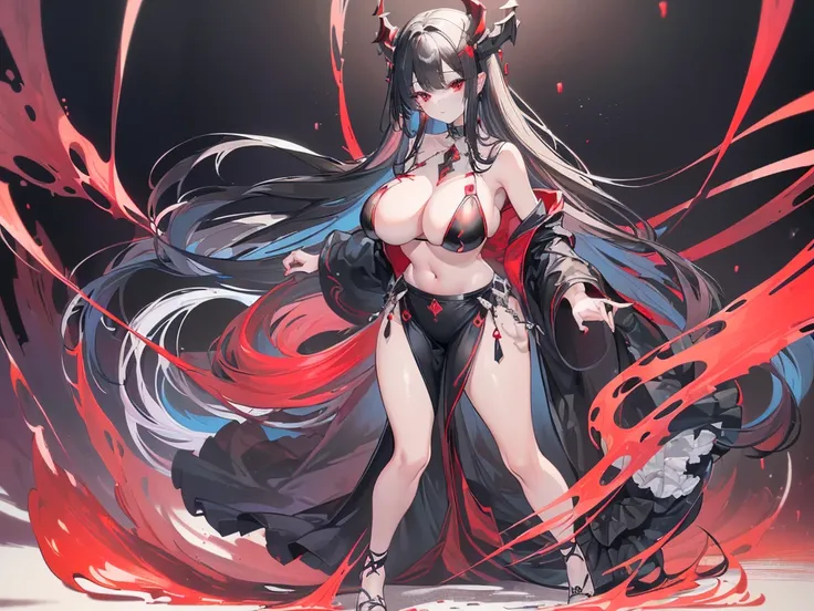 (Exquisite eyes),(Clear and beautiful eyes:1.61),masterpiece, 1 young girl,(Black clothes and some red gems), Black long hair, (She has a huge red gem on her chest), Good Hand,((The Havoc of StarCraft)),full-body shot,Fighting Stance,(Red Eyes:1.466)，short...