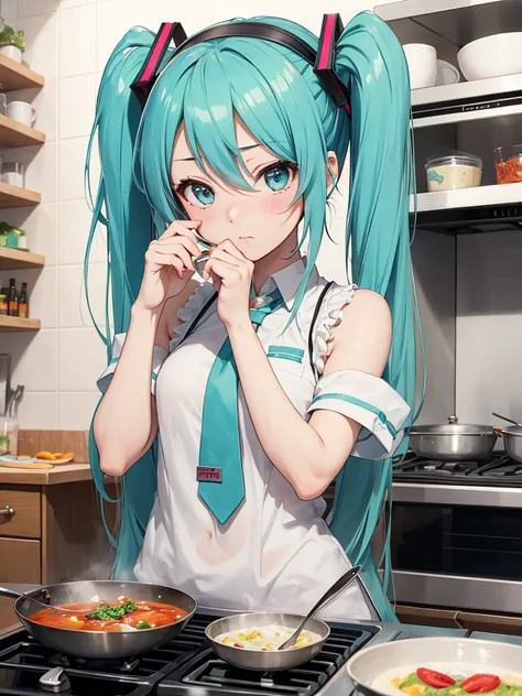 Hot hatsune miku, very cute, very embarrassed, cooking