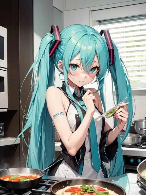 Hot hatsune miku, very cute, very embarrassed, cooking