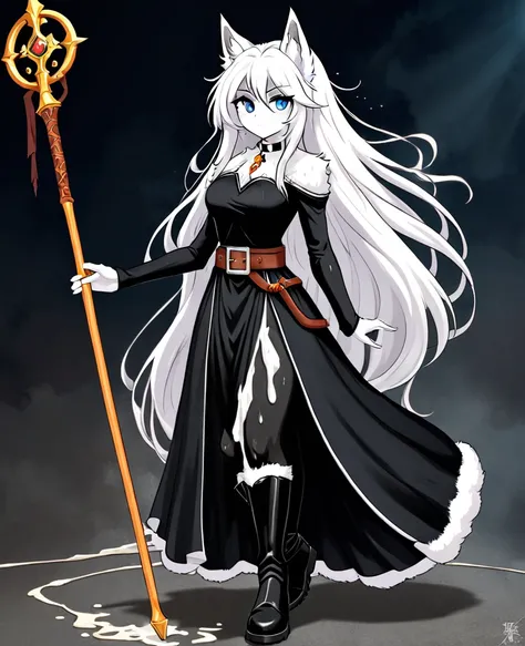 Blue eyes, Light gray-white messy long fluffy hair, Her right eye is sticking out from sweat and completely black as if cursed, Long black dress with a white collar, auburn belt, A necklace in the shape of a , Black boots,a staff