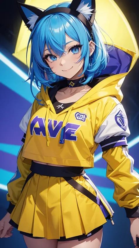 The image depicts an anime-style character with blue hair with yellow mesh in places, a purple hooded outfit, a white cheer skirt, and a black choker. It has cat ears. The character has a smiling expression and is facing the viewer.