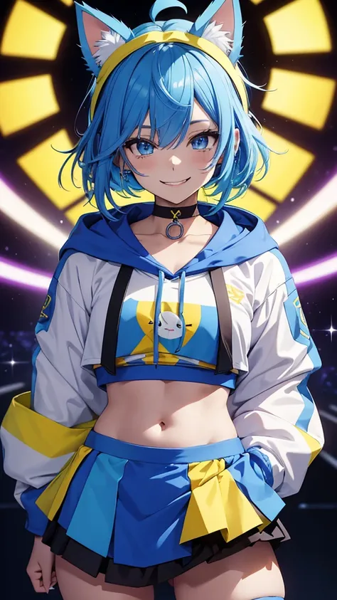 The image depicts an anime-style character with blue hair with yellow mesh in places, a purple hooded outfit, a white cheer skirt, and a black choker. It has cat ears. The character has a smiling expression and is facing the viewer.