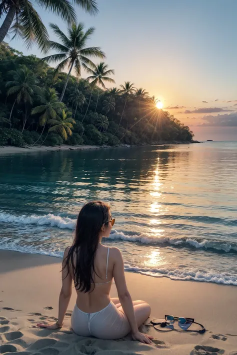 Describe a scene where I am sitting in a luxurious car, wearing sunglasses, with the reflection of the sunset vividly standing out against the sea in the background. The image should convey the feeling of being on a paradisiacal beach, with gently swaying ...