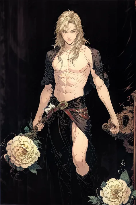 best quality,masterpiece,Ultra-high resolution,1 handsome young sexy topless blond manly man,looking at the audience,one,Yamamoto Takashi style, flower, 
simple background with fog,black_background,Machinery Division，Cold-blooded man，tough guy style，Ice co...