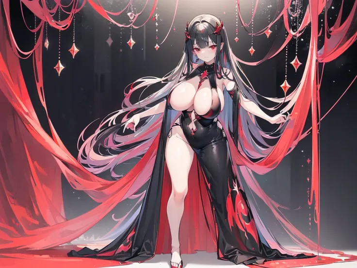 (Exquisite eyes),(Clear and beautiful eyes:1.61),masterpiece, 1 young girl,(Black clothes and some red gems), Black long hair, (She has a huge red gem on her chest), Good Hand,((The Havoc of StarCraft)),full-body shot,Fighting Stance,(Red Eyes:1.466)，short...