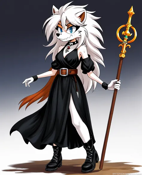 Blue eyes, Light gray-white messy long hedgehog fluffy hair, Her right eye is sticking out from sweat and completely black as if cursed, Long black dress with a white collar, auburn belt, A necklace in the shape of a skull, Black boots,a staff