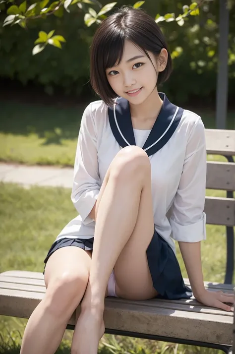 Pure Japanese school girl, sexual attractive, outstanding body, beautiful legs, shiny white skin, wearing loose uniform, blue panty, natural black short hairstyles, sweet smile, sitting on bench, refreshing in early summer morning, composition from the fro...