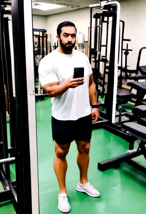 Theres a man standing in a room with a cell phone in his hand, Photo adjustment, Full-body image, Jovem com short, very low quality image, blurry image, in a gym, thicc, stood in a lab, full body photo of steve, full body profile camera shot, in good physi...