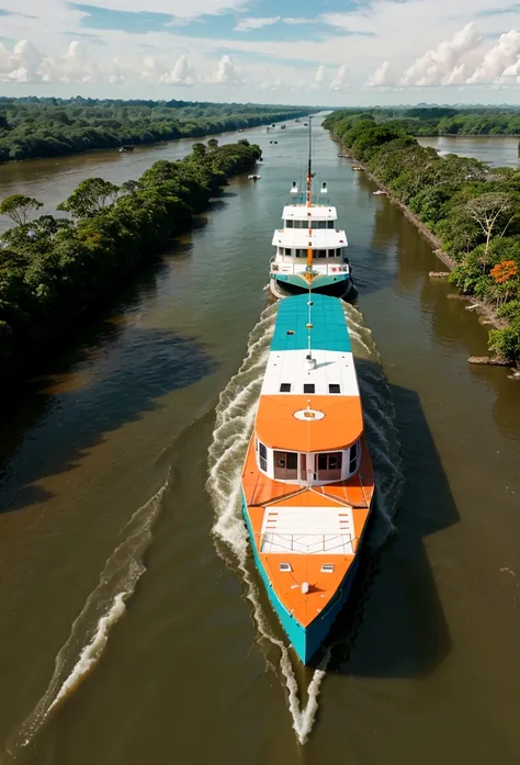 a ferry boat designed to transport passengers on the Amazon rivers in orange and aqua green colors