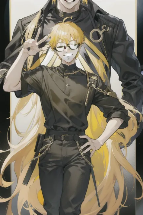 1 boy with yellow hair black glasses jeans black shirt waving ✌️ and smiling with closed eyes 