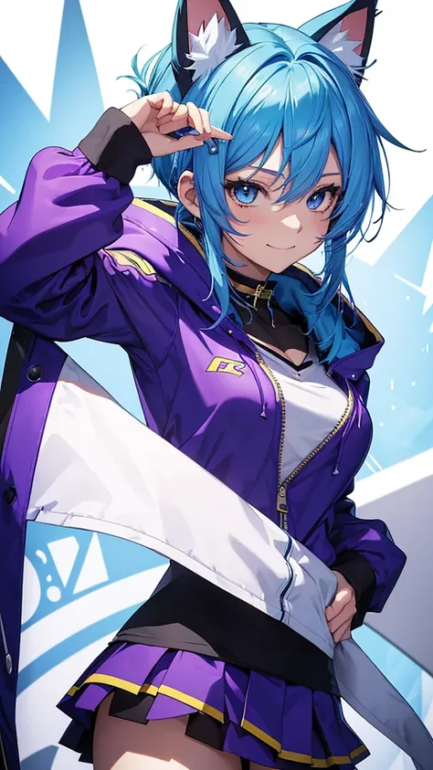 The image depicts an anime-style character with blue hair, several strands of yellow hair, a purple hooded outfit, a white cheer skirt, and a black choker. It has cat ears. The character has a smiling expression and is facing the viewer.