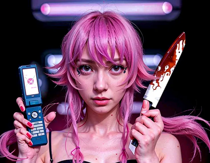 anime girl with pink hair holding a cell phone and a knife, mirai nikki, yandere, gapmoe yandere, anime styled digital art, digi...