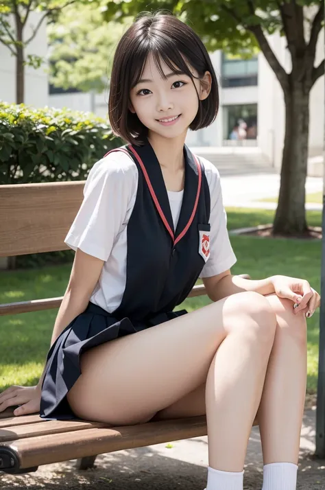 Pure Japanese school girl, sexual attractive, outstanding body, beautiful legs, shiny white skin, wearing loose uniform, panty, natural black short hairstyles, sweet smile, sitting on bench, refreshing in early summer morning, composition from the front, 