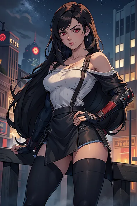 perfect eyes:1.2, detailed eyes:1.4, serious, hand on hip, night, city, metTifa, red eyes, low-tied long hair, earrings, cropped sweater, blue sweater, off-shoulder, short sleeves, suspender skirt, elbow gloves, armored legwear, medium full shot, thigh-lev...