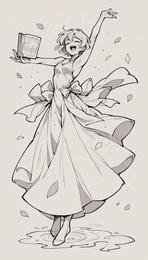 black and white, line art, no shading, full body, live2D character, short hair, cute, dancing, long dress, coloring book style, sketch,ink drawing, outlines