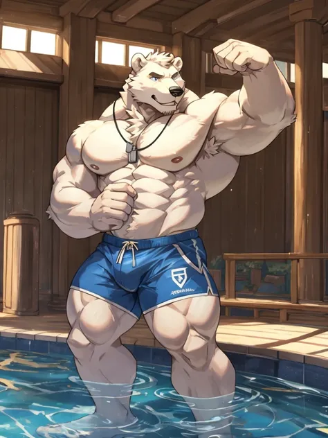  One tall Polar Bear with big muscular body shirtless and topless with light blue shorts and a dog tag on his neck, veiny, flexing