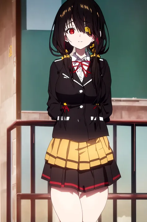 (​masterpiece、top-quality、hight resolution)、 Real life adaption for this character, Masterpiece, high quality, best lighting, cinematic, 1girl, tokisaki kurumi, black hair, low twintails, ((right eye red, left eye yellow)), (school uniform), (perfect body)...