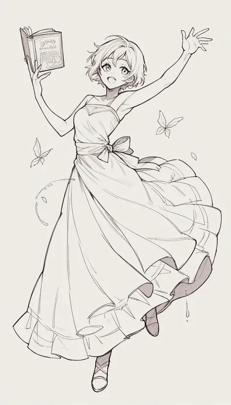 black and white, line art, no shading, full body, live2D character, short hair, cute, dancing, long dress, coloring book style, sketch,ink drawing, outlines