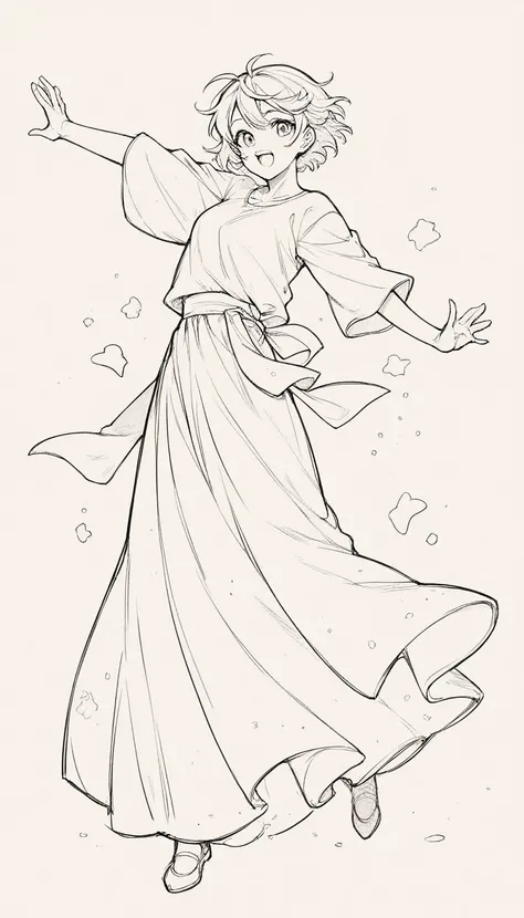 black and white, line art, no shading, full body, live2D character, short hair, cute, dancing, long dress, coloring book style, sketch,ink drawing, outlines