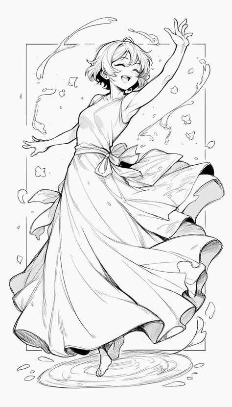 black and white, line art, no shading, full body, live2d character, short hair, cute, dancing, long dress, coloring book style, ...