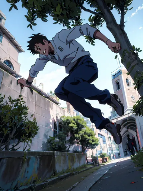 anime boy doing parkour en árboles, face forward in perspective. anime boy doing parkour, in a natural environment, jumping between trees, jumping and landing towards the camera, with the branches of a tree, front face, fast and very agile boy, happy and e...