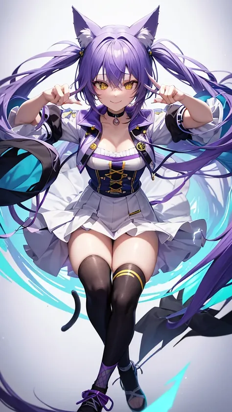 The image depicts an anime-style character with several yellow strands of blue hair, a purple hooded outfit, a white cheer skirt, and a black choker. It has cat ears. The character has a smiling expression and is facing the viewer. Precision fingers. Preci...