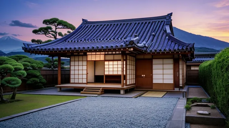 a Japanese house and in the background a purple sky 