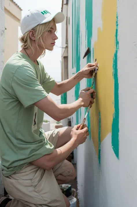 one  men, offwhite, with light green eyes, blond, and work as a painter in works, painting the wall of a house.