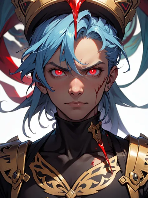 virtual_YouTuber, 1 boy,(absurd, A high resolution, ultra detailed), 1 man, , Beautiful, broad shoulders, evil, Glowing red eyes, blood, scary looks, Black skin, finely detailed eyes and a detailed face, art, occult, Vision Casting, art, Alphonse Mucha, Wh...