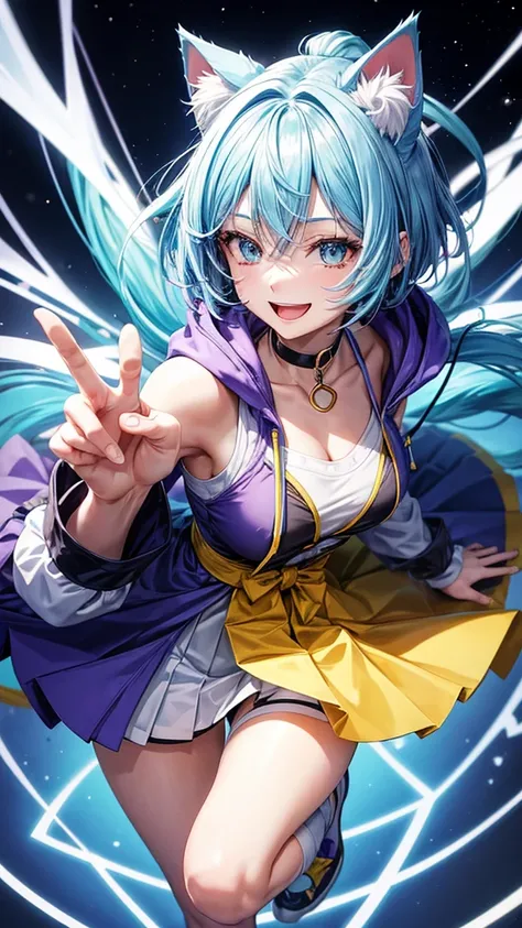 The image depicts an anime-style character with blue hair, a few yellow hairs, a purple hooded outfit, a white cheer skirt, and a black choker. It has cat ears. The character has a smiling expression and is facing the viewer. Precision fingers. Precision f...