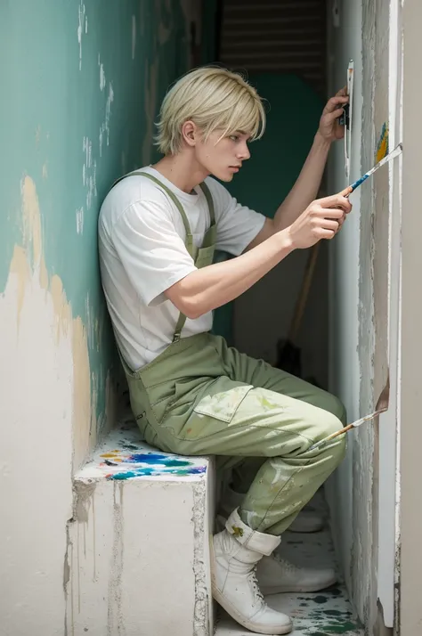 one  men, offwhite, with light green eyes, blond, and work as a painter in works, painting the wall of a house.