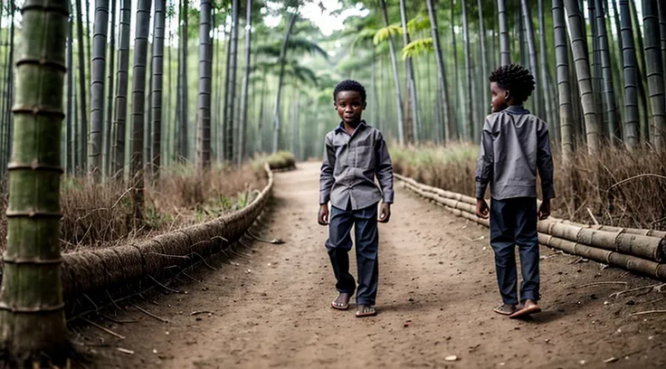 Image of a black male quilombola boy, 12 years old - wears a faded dark gray long-sleeved shirt - no print - short curly hair - wears faded matte red pants - alone runs on the grass - DOES NOT wear shoes - bare feet - has his back to the camera alone insid...