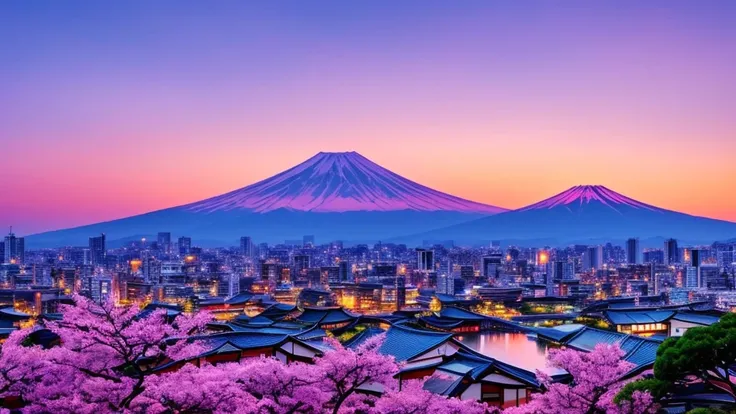 a Japanese setting with a purple sky in the background