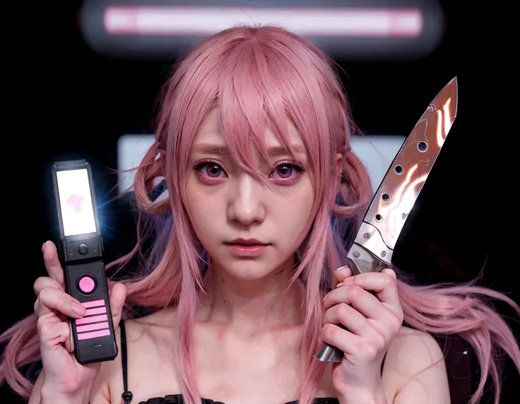 anime girl with pink hair holding a cell phone and a knife, mirai nikki, yandere, gapmoe yandere, anime styled digital art, digital anime illustration, yume nikki, anime style hyperrealistic art, hyperrealistic anime style, digital cyberpunk - anime art, h...