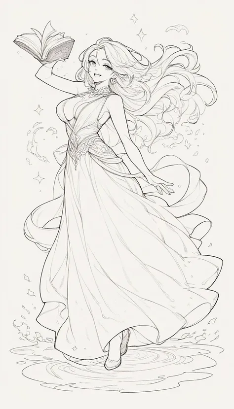 black and white, line art, no shading, full body, live2D character, long hair, cute, dancing, big breasts, long dress, fire, coloring book style, sketch,ink drawing, outlines