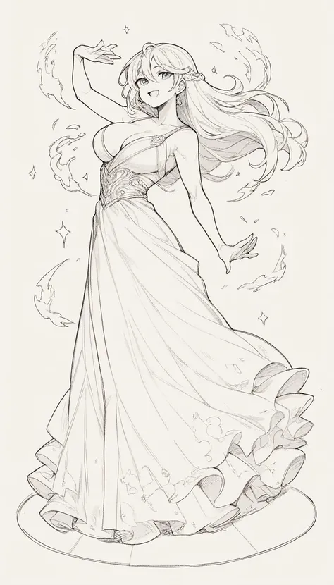 black and white, line art, no shading, full body, live2d character, long hair, cute, dancing, big breasts, long dress, fire, col...