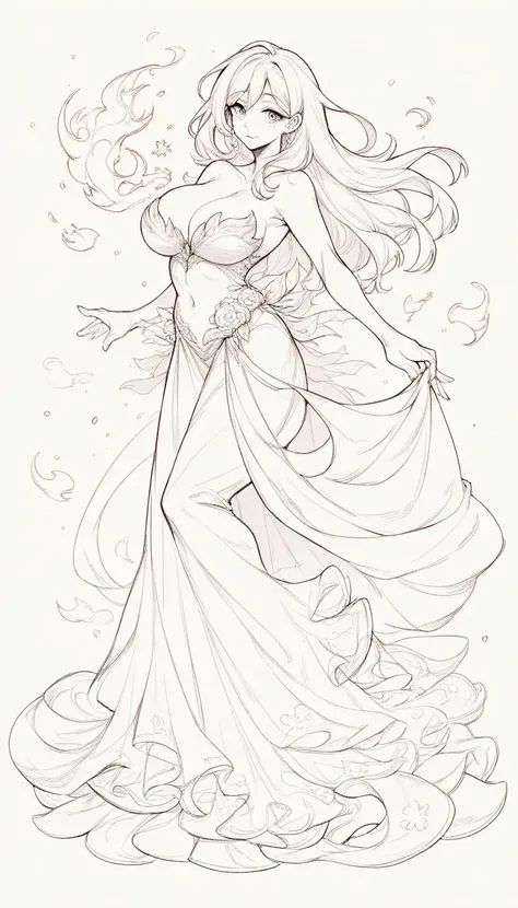 black and white, line art, no shading, full body, live2D character, long hair, cute, dancing, big breasts, long dress, fire, coloring book style, sketch,ink drawing, outlines