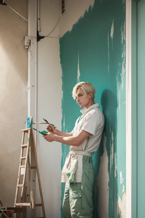 one  men, offwhite, with light green eyes, blond, shorth hair, and work as a painter in works, painting the wall of a house.