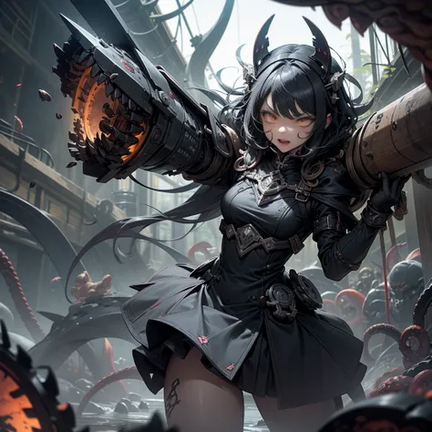 Shield Aegis black ore Robot steampump Girl Automatic, dark mechanisms, Aberrant flail weapon lies, Nightmare Creature, ready for action. This mangrove weapon is a grotesque monster.., с скрученнымand tentacles, forming a continuation of the weapon. Each t...