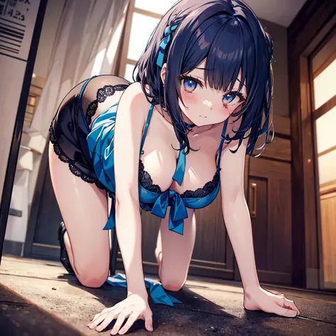 Highest quality、Tabletop、One Girl、Adult women、Underwear only、Dark blue ribbon lingerie、Slit at crotch,Big ample breasts、Dirty body、On all fours、In close range、blush、Kamimei、Cute anime illustrations、Angle from below behind