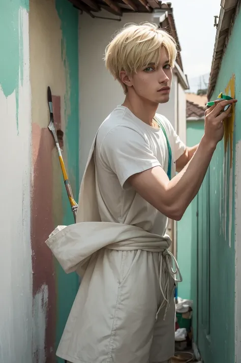 one  men, offwhite, with light green eyes, blond, shorth hair, and work as a painter in works, painting the wall of a house.