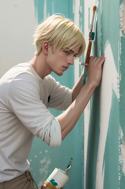 one  men, offwhite, with light green eyes, blond, shorth hair, and work as a painter in works, painting the wall of a house.