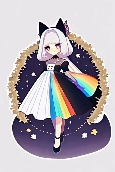 ((Лучшее качество)), ((шедевр)), (подробный), cat ears, long tail, black tail, dress, rainbow ha