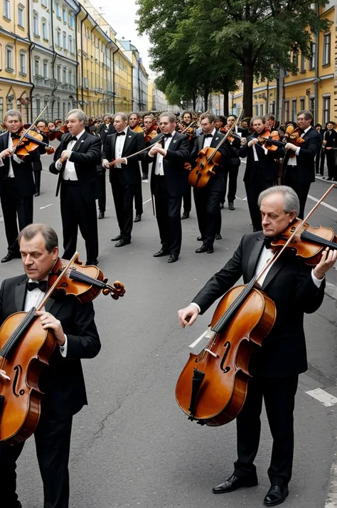 An orchestra plays on the street in St. Petersburg