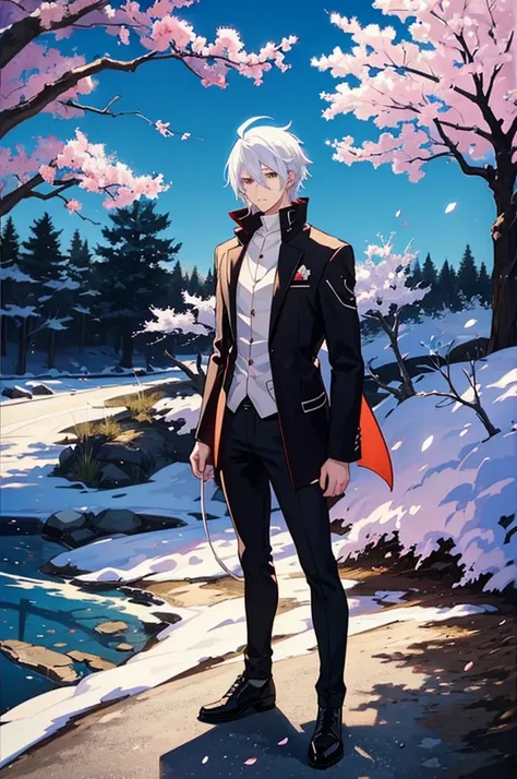 A 25 years old anime man with white hair, made with fire, Lightning and Ice, Standing beside a cherry blossom tree