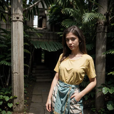 Adobe Firefly Prompt: A woman, yellow shirt, portrait shot of the picture 20 mm short 4K + 8k beautiful place fully digital lightPhotography, shot taken with a Nikon D850 with a 35mm lens of a 35year old female jungle explorer dressed in traditional cloths...