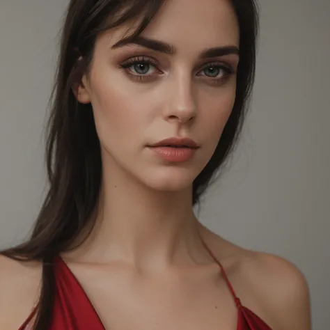 medium close up shot, a woman with long black hair, facing at the camera, (long elegant red dress)